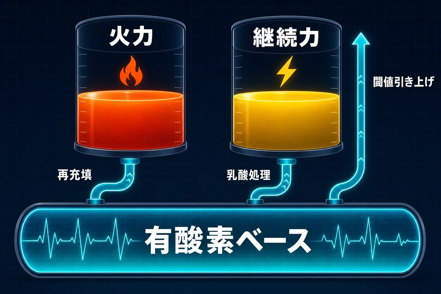 有酸素ベースが火力タンクと継続力タンクを背後で支えるエネルギーシステム関係図